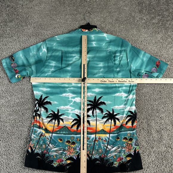 RJC Hawaiian Shirt Mens M Ocean Sunset Volcano Dolphins Palm Fish Made in USA - Picture 6 of 9